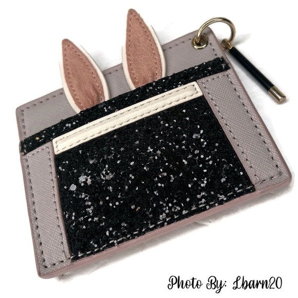 Kate Spade Rabbit in the Hat Credit Card Case Black Glitter Top - Picture 2 of 9